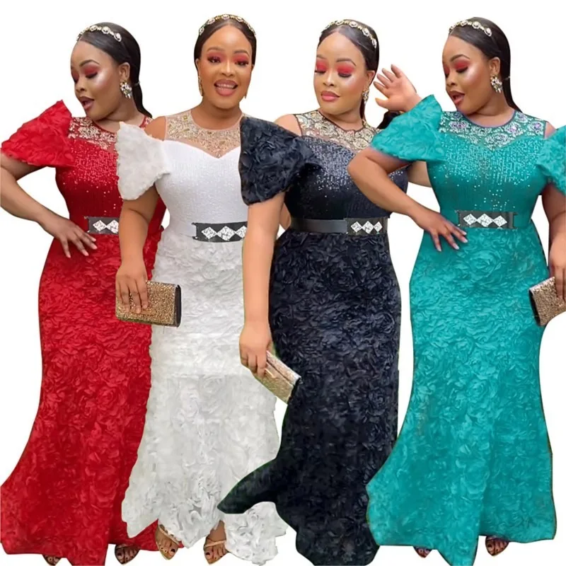 

Luxurious Sexy Evening Lace Wedding Party Long Dress Dashiki Sequin Mesh African Dresses For Women Mermaid Dress Dubai Abaya 3XL