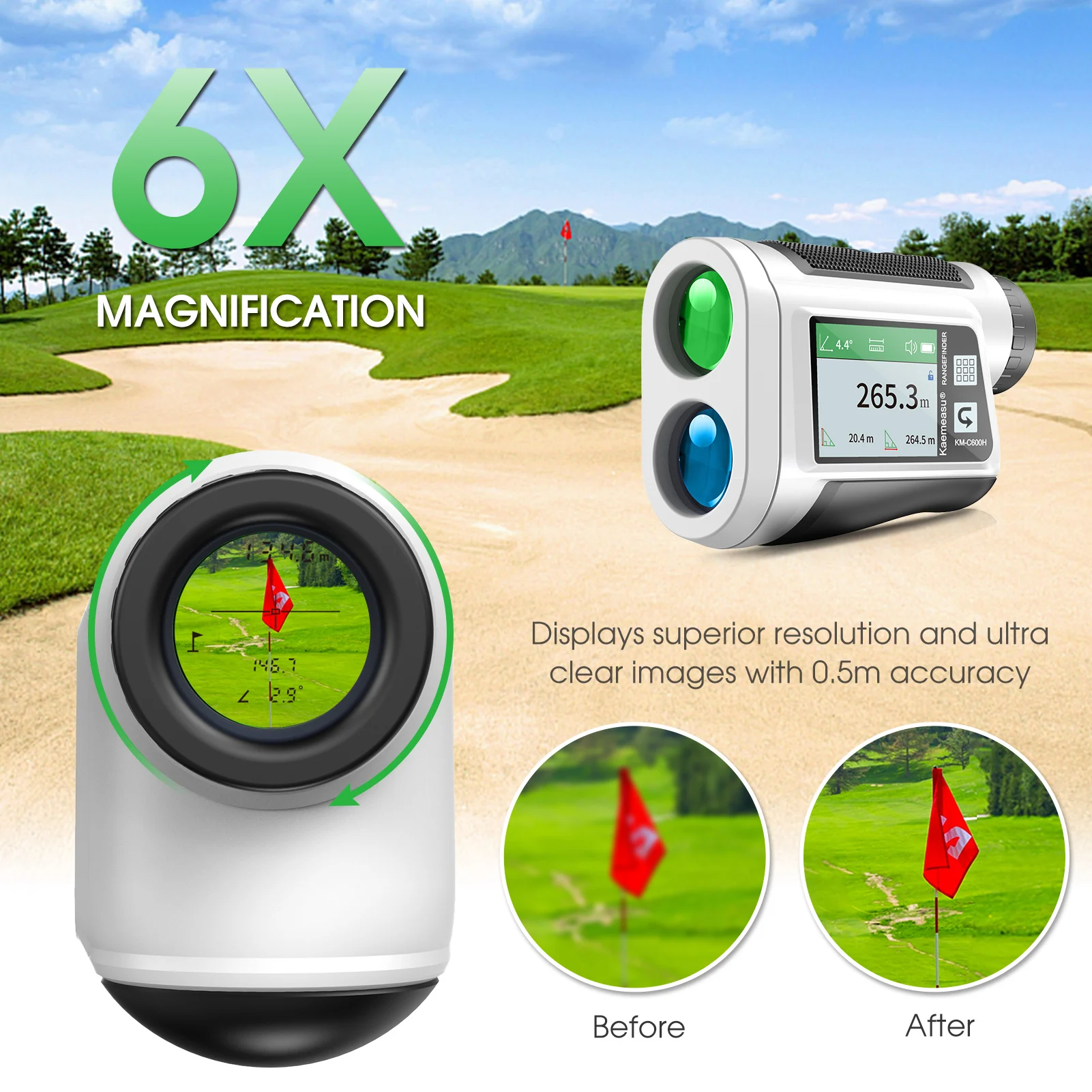 Golf Rangefinder with LCD Touch Screen 6X Magnification 600/800M USB Rechargeable Range Finder Distance Meter with Speaker Slope