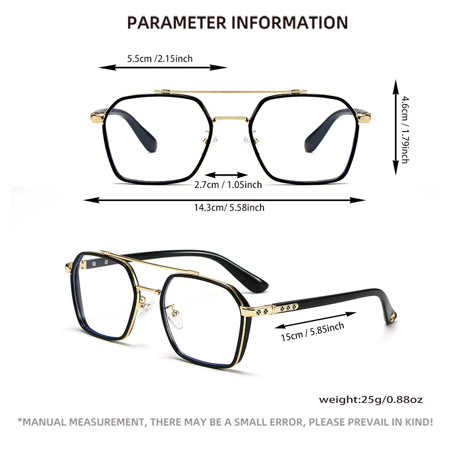 Vintage-Inspired Geometric Transparent Lens Double-Bridge Fashion Eyeglasses