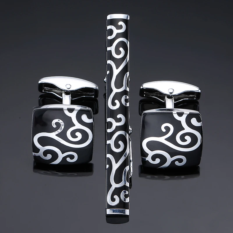 

Набор классических запонок для рубашки и галстука для мужчин, зажимы для французских рубашек, манжеты и пуговицы с черными облаками удачи, аксессуары для костюма, ювелирные изделия