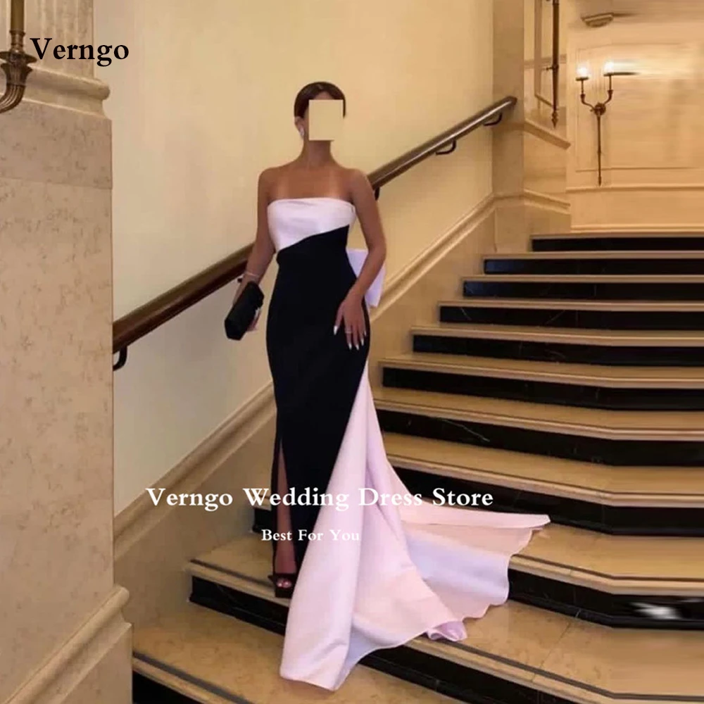

Verngo Arabic Women Black And Pink Mermaid Evening Dresses Strapless Bow Back Simple Prom Dress Formal Party Occasion Dress