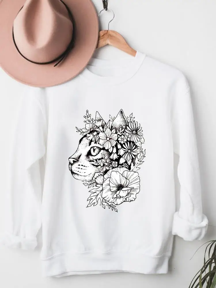 

Cat Flower Clothes Ladies Graphic Pullovers Women Fashion Sweet 90s Pet Trend Clothing Fleece Long Sleeve Print Sweatshirts