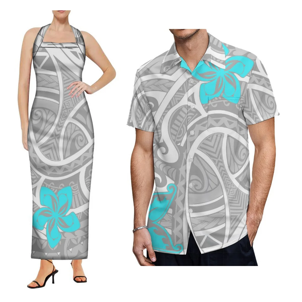 

High Quality Women'S Halter Dress Midi Party Sexy Long Skirt And Men'S Shirt Polynesian Tribal Design Pattern