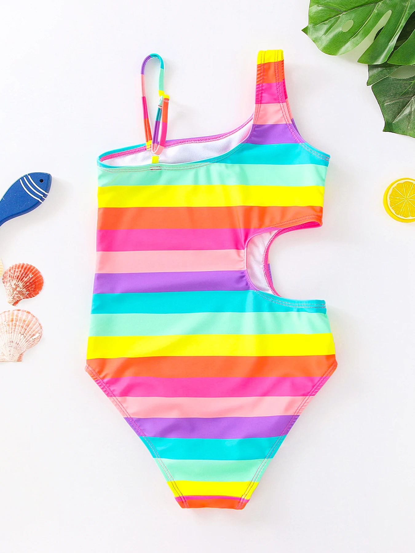 One Piece Swimsuit One-Shoudler Rainbow Stripes Girls One-Piece Swimsuit