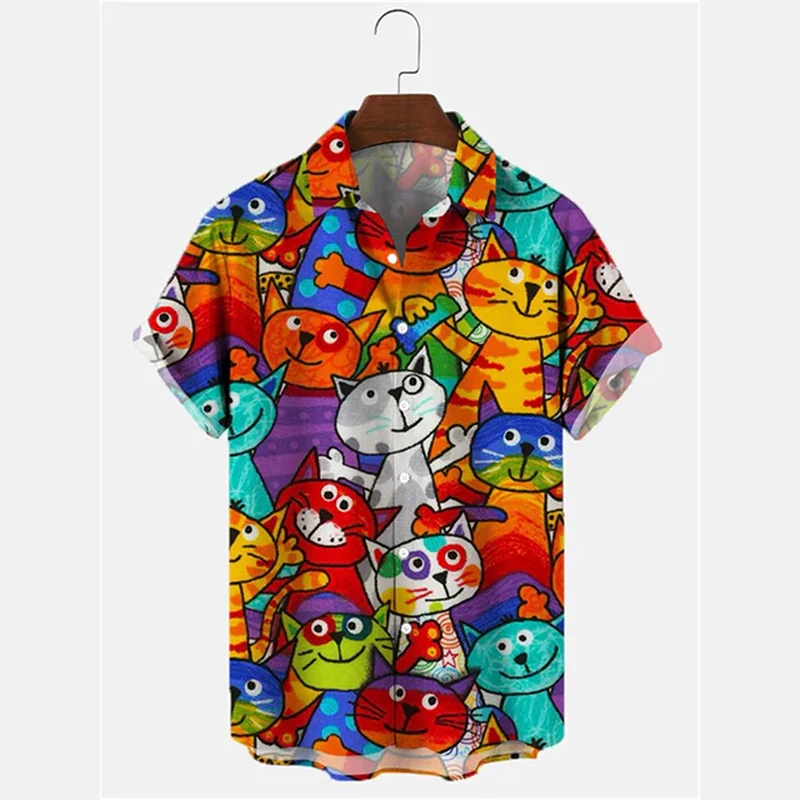 Camicie da uomo a maniche lunghe, con motivo gatto carino, camicia da uomo con bottoni aderenti, abbigliamento casual, Stile-25, S