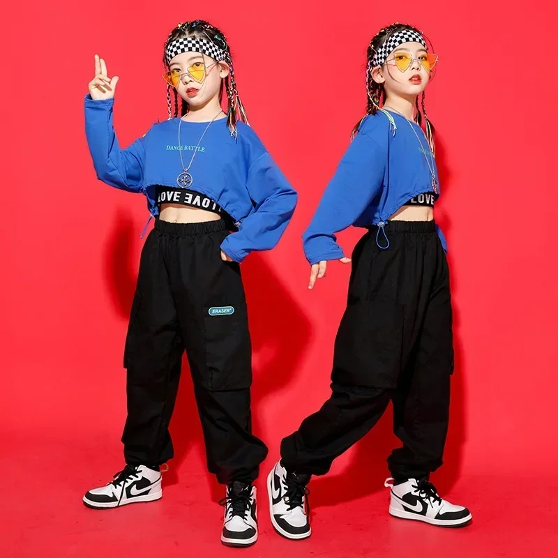 Blue Crop Top Long Sleeve T Shirt Streetwear Cargo Jogger Pants for Girl Jazz Dance Costume Clothes Kid Kpop Hip Hop Clothing