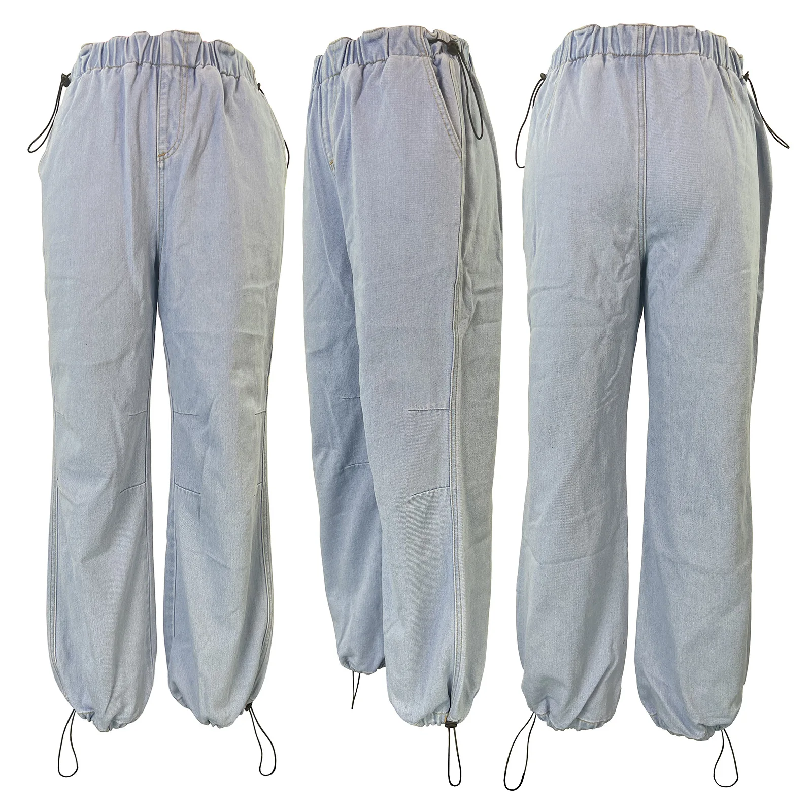 Loose Casual Elastic Drawsting Waist Denim Pants Women Hight Waist Light Blue Jeans Streetwear Fashion Autumn Long Trousers