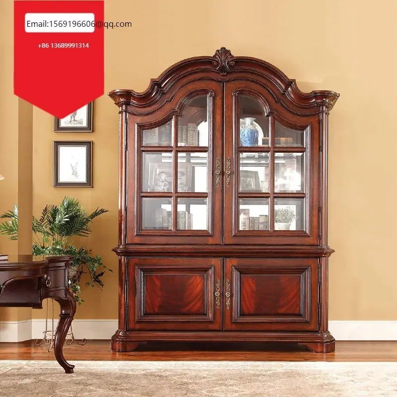 

Custom-made American European retro double-door bookcase villa solid wood carved glass dining side cabinet wine