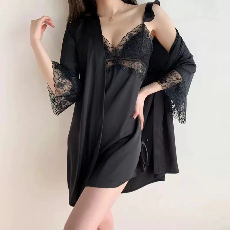 

Robe Sexy Patchwork Lace White Wedding Female Sleepwear Nightdress Spring Summer Two Piece Set Bathrobe Kimono Loose Home Wear