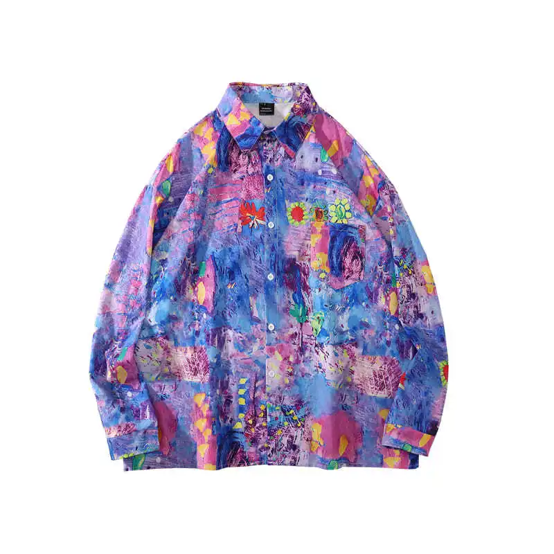 

Retro Starry Sky Oil Painting Harajuku Long Sleeve Shirt Men Button Up Shirt Women hip hop Casual Korean Flower Shirt Top Autumn