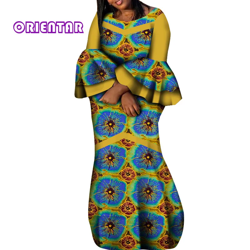 

African Dresses for Women Bazin Riche African Print Robe Africaine Flare Sleeve Long Maxi Dress Women African Clothing WY7065