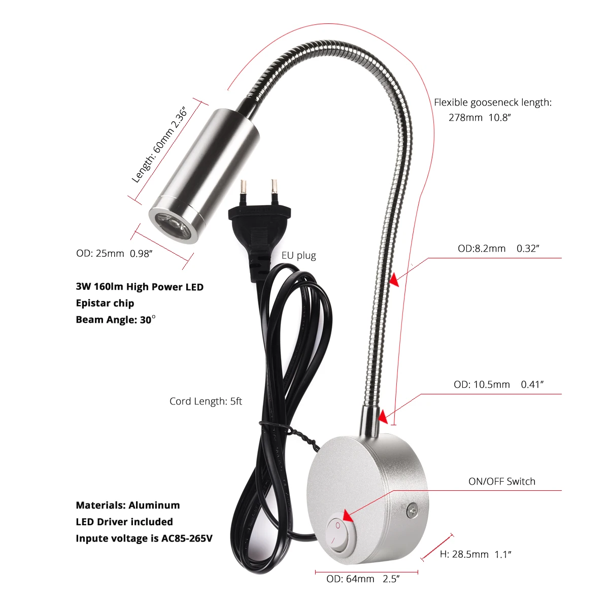 3W Wall Lamp Sconces Bedside Working Study Reading Book wall Night light fixtures Gooesneck Adjust Spot LED White Black Silver 3