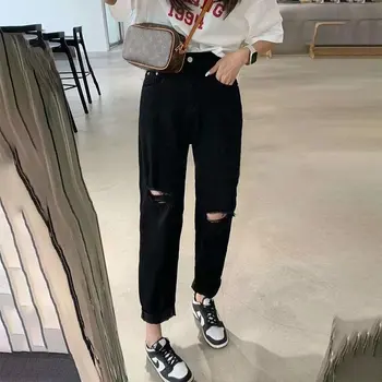 찢어진 청바지 여성 여름 얇은 느슨한 탄성 높은 허리 플러스 사이즈 검은 카프리 연기 튜브 스트레이트 바지 작은