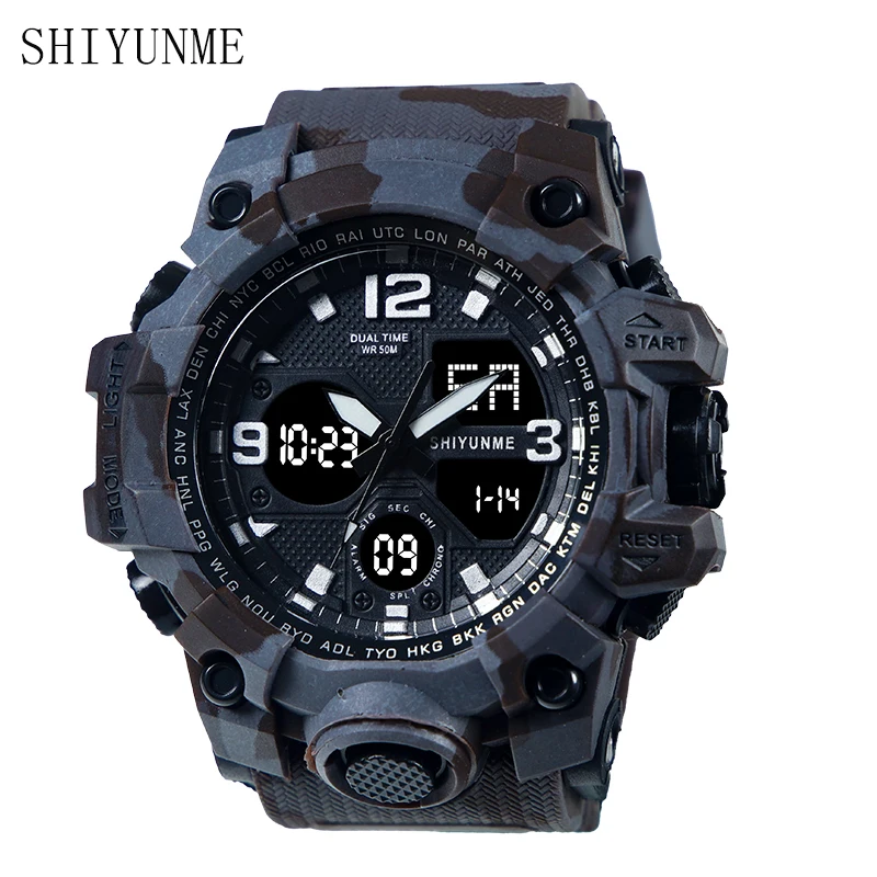 SHIYUNME Watch Men Military Sport Dual Time Display Digital Quartz Watches 50m Waterproof Auto Date Week Stopwatch часы reloj 