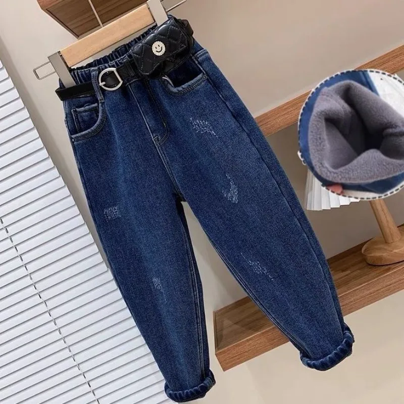 

4-12Y Girls Jeans Autumn/Winte New Little Girls' Korean Edition Foreigner Loose Pants Children's Winter Elastic Plush Pants