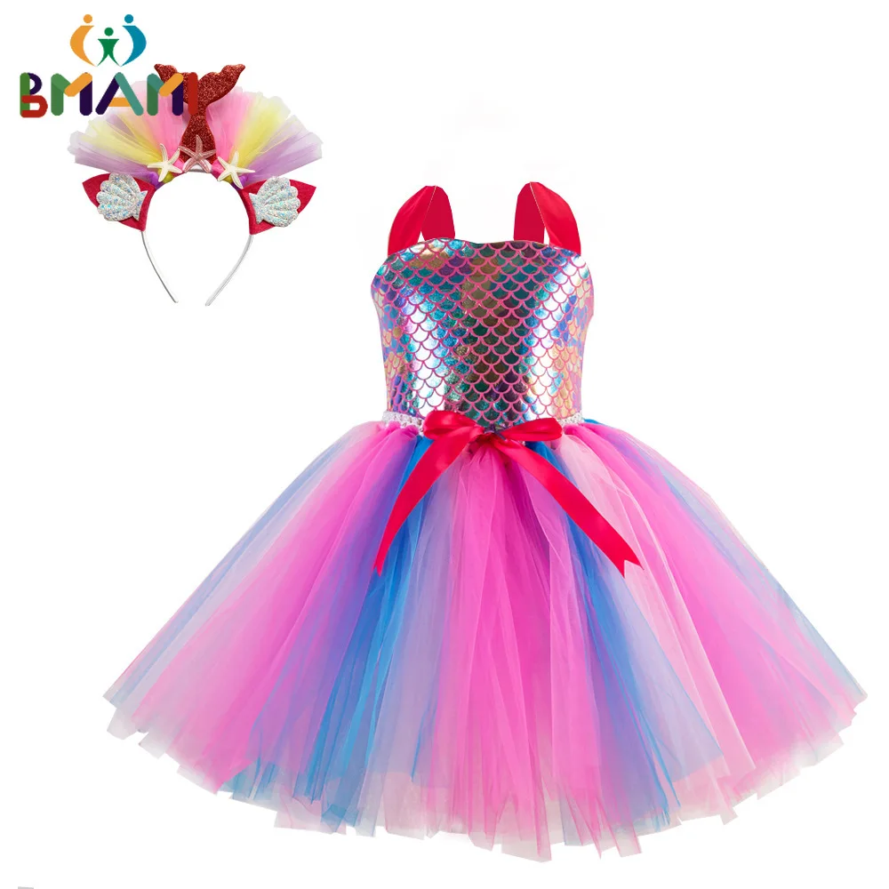 

Girls Pastel Flower Mermaid Fancy Tutu Dress Headband Costume Kids Princess Birthday Party Halloween Clothes Tulle Dresses 1-12Y