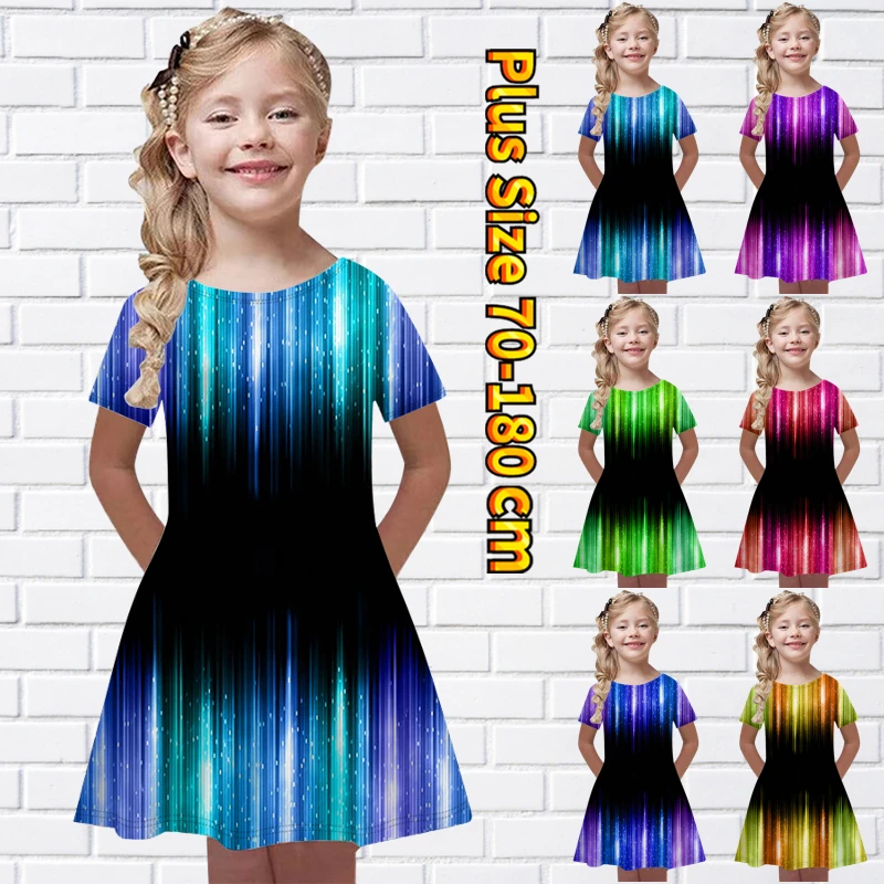 

2022 Summer Little Girl Round Neck Princess Skirt Casual Short Sleeve Skirt Round Collar Abstract Printing Knee-length Skirt