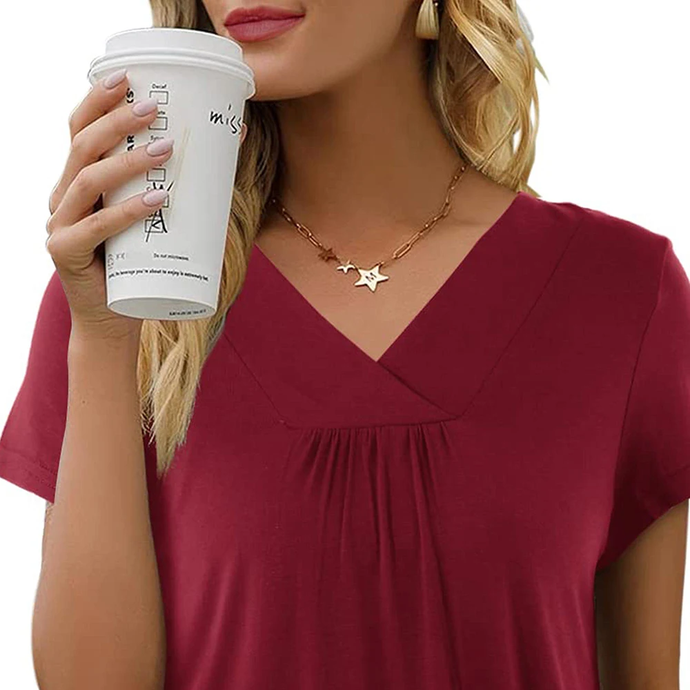 Damen Elegant Loose Fit Kurzarm Frühling T-Shirt V-Ausschnitt Casual Loose Basic Tunika Top Sommer Baumwollmischung Bluse Free87_voghion.com
