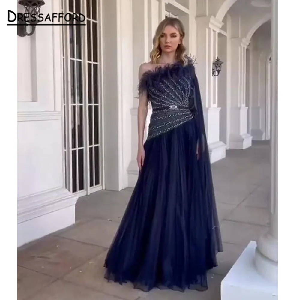 Luxury  Beaded Evening Dress Gown One Shoulder With Capes  Royal Blue 2022 A Line  Feathers Mermaid Formal Party Dress