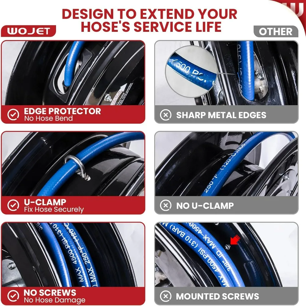 50-Foot Retractable Hose Reel for Pressure Washers, 3/8-Inch Diameter, Suitable for Water, Air, and Oil, Heavy-Duty Steel Constr