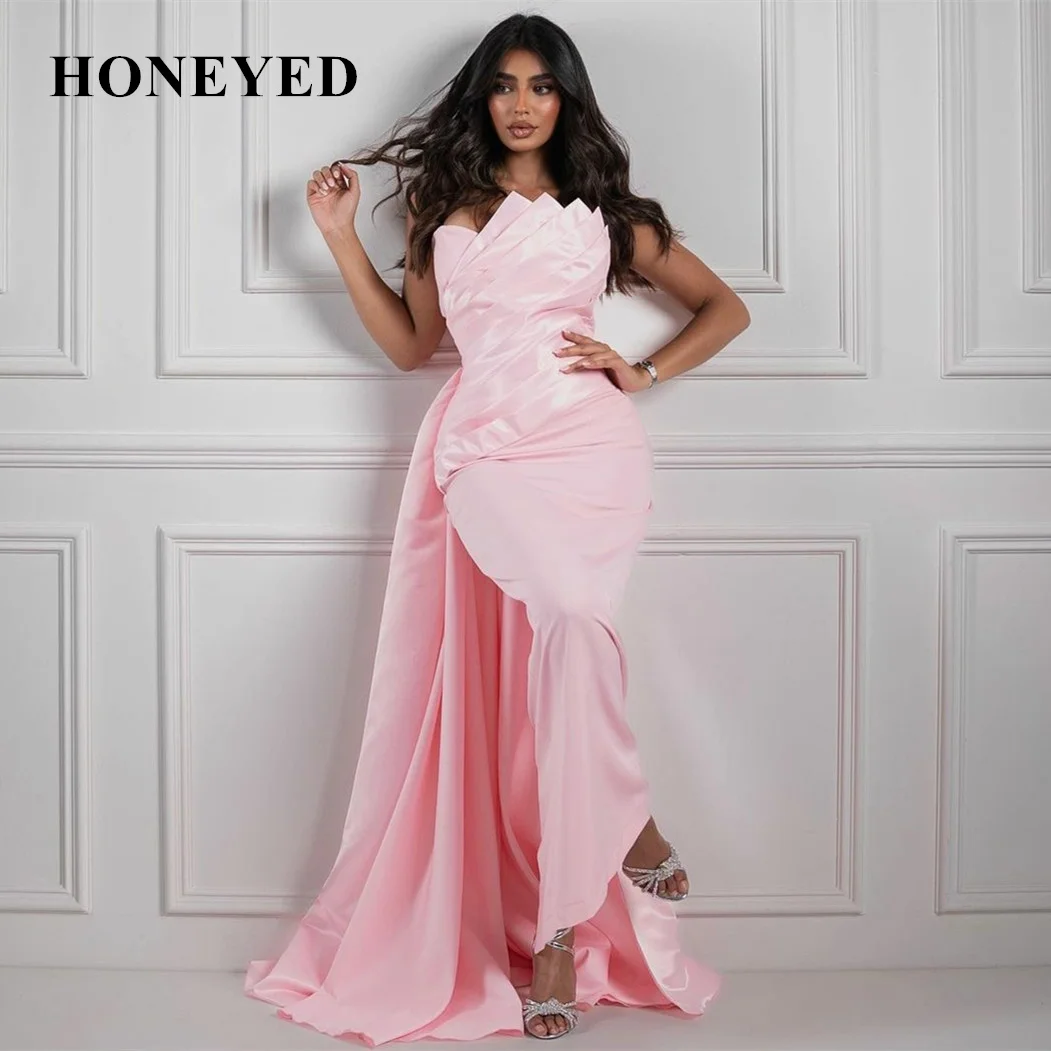 

Honeyed Pink Satin Scalloped Evening Dresses With Train فساتين السهرة Sheath Ankle Length Prom Dress Robe de soirée for Women