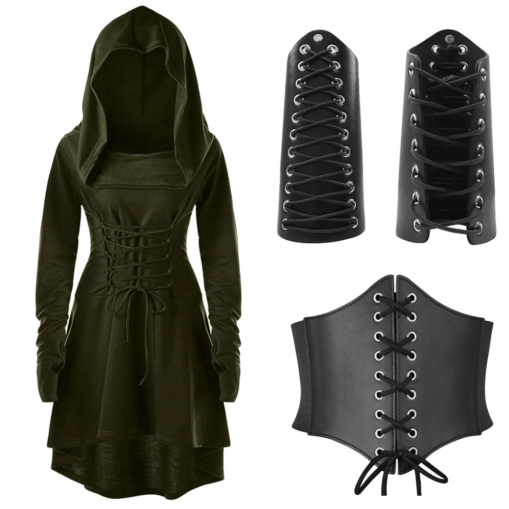 thumbnail image 2 of Vestido vintage para mujer, disfraz de arquero medieval renacentista, con capucha, con cordones, suéter largo con capucha, capa para Halloween, 2 of 5