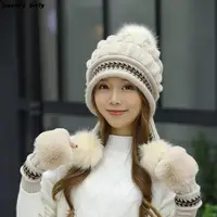 2024 Winter Knit Hat Women Rabbit Fur Bomber Plush Snow Hats Pompom Female Solid Hip-Hop Beanie Outdoor Ear Protection Cap New 2