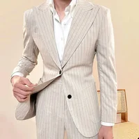 Fashion Striped Suits for Men 2 Piece Elegant Single Breasted Peak Lapel Outfits Business Casual Male Suit (Blazer+Pants) 1