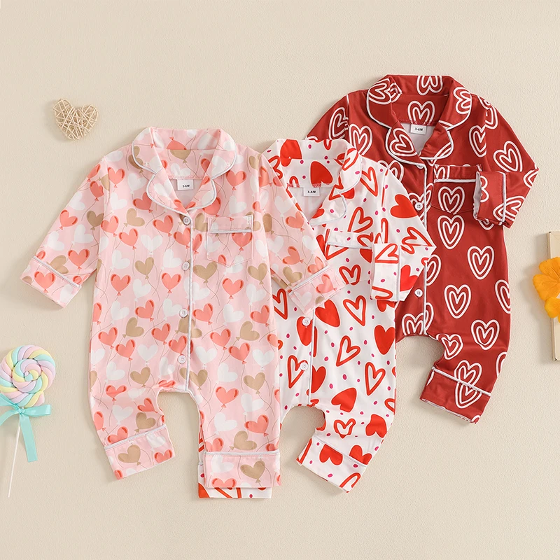 Pudcoco Baby Girl Autumn Pajama Romper Long Sleeve Lapel Heart Print Button-Down Cute Fashion Sleepwear Bodysuit
