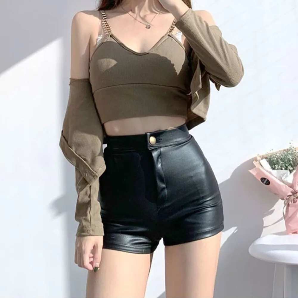 Invisible Open Crotch Outdoor Sex Women's Mini Shorts Leather Pants High Waist Push Up Leather Pants Elastic Tight Sexy HotPants