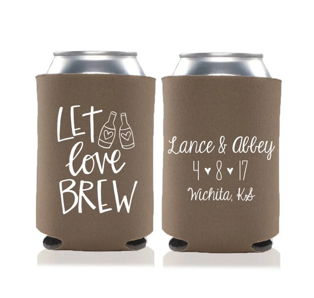 

Wedding Favors - Let Love Brew Personalized Can Coolers, DIY Favors for Guests, Rustic Destination Wedding, Beer Insulators,