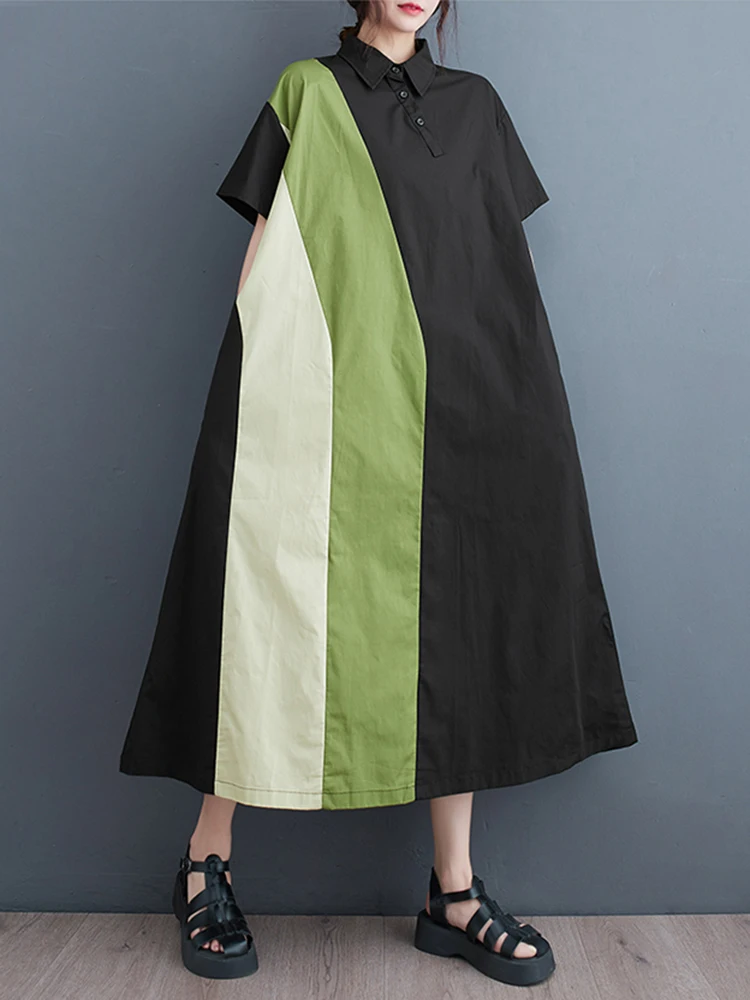 2025 Summer New Patchwork Contrast Color Shirt Dresses For Women Short Sleeve Loose Casual Long Dress Fashion Elegant Clothing