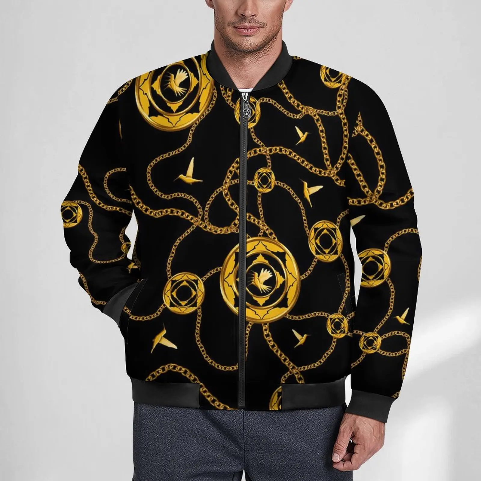

Chain Print Casual Jackets Male Golden Design Coats Autumn Aesthetic Jacket Waterproof Graphic Loose Windbreakers Big Size 6XL