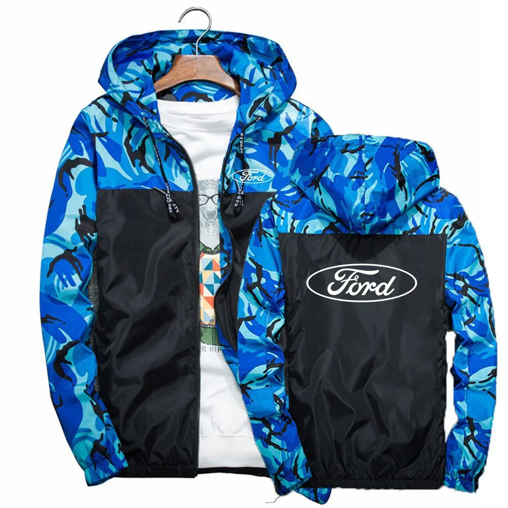 

2024 Ford Logo Print Men's Hip Hop Slim Fit Camouflage Patchwork Jacket Spring Autumn New Mesh Lining Design Popular Hooded Coat