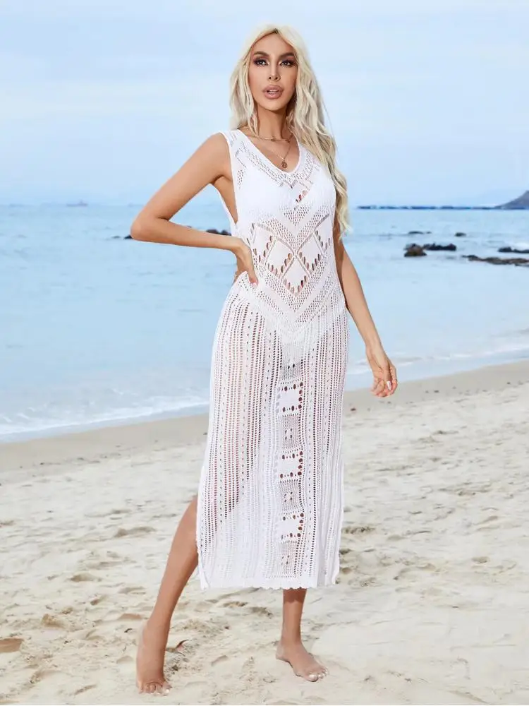 

Beach Fashion Long Maxi Dress Women Beach Cover Up Outing Tunic Pareo White V Neck Dresses Robe Swimsuit 2024 New Beachwear