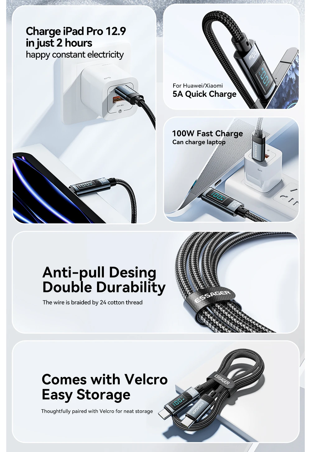 100W USB Type C Cable 90 ° LED Digital Display Cable 5A PD Fast Charging For iPh