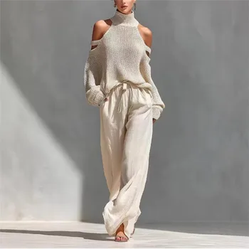 Fashion High Collar Sexy Hollow Off-shoulder Women's Knitted Tops 2-piece Set Spring Casual Loose Wide-leg Trousers Female Suit 1