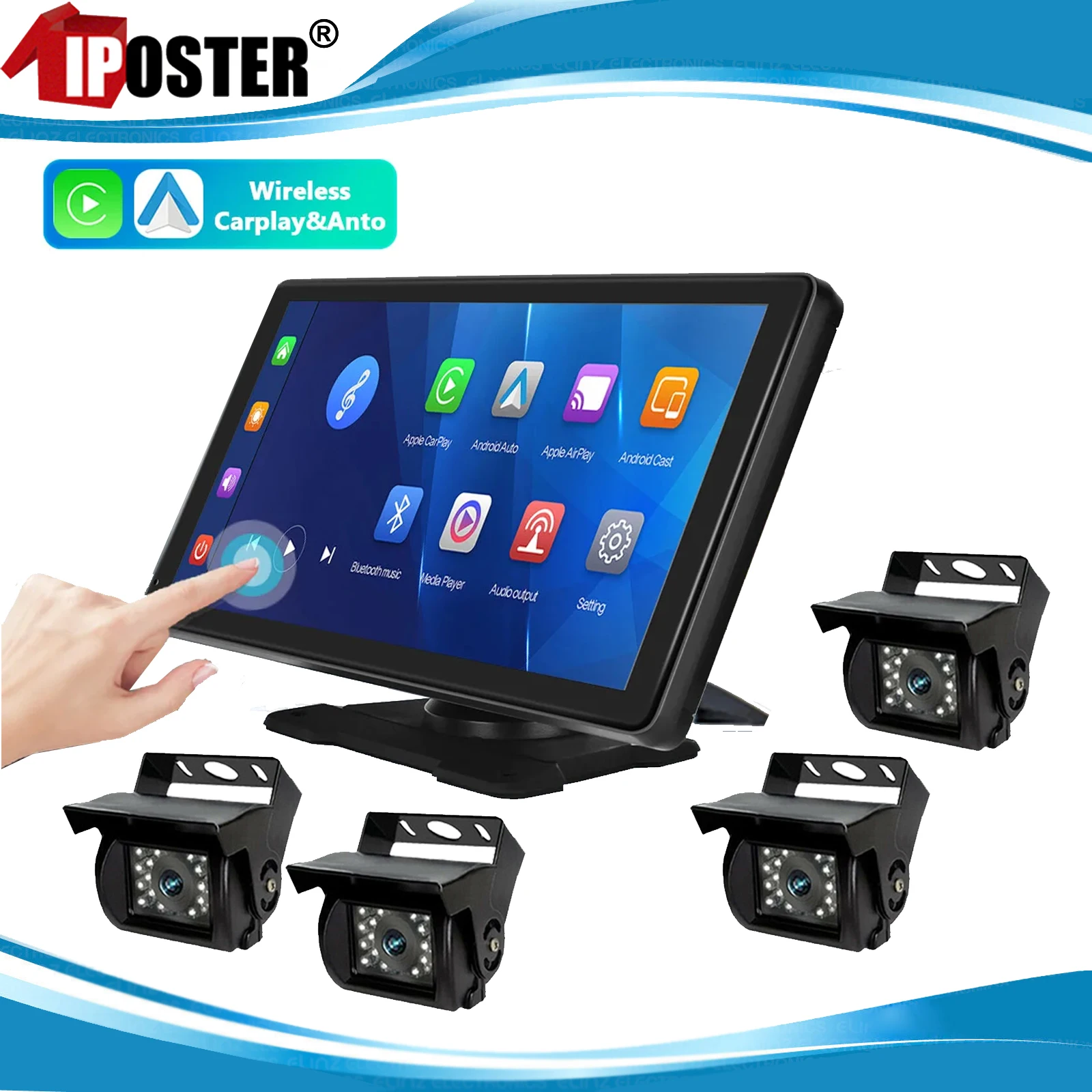 

iPoster 10.36 Inch Wireless Carplay Android Auto DVR Video Monitor MP5 FM Bluetooth 4x 360 1080P Front Sides Rear Cameras Truck