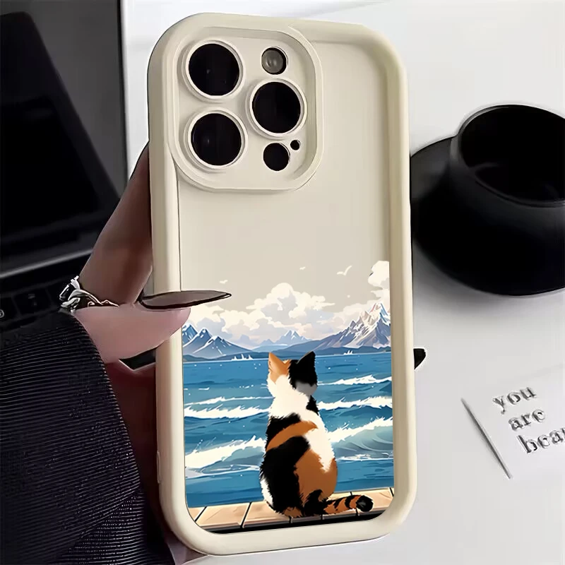 Adorable Cat by the Sea Silicone Phone Case Cover