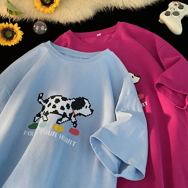 

Trendy Cartoon Pixel Puppy T-Shirt Harajuku Youthful Energetic Style Tshirt 2024 Men Women Tee Shirts Korean Street Tops