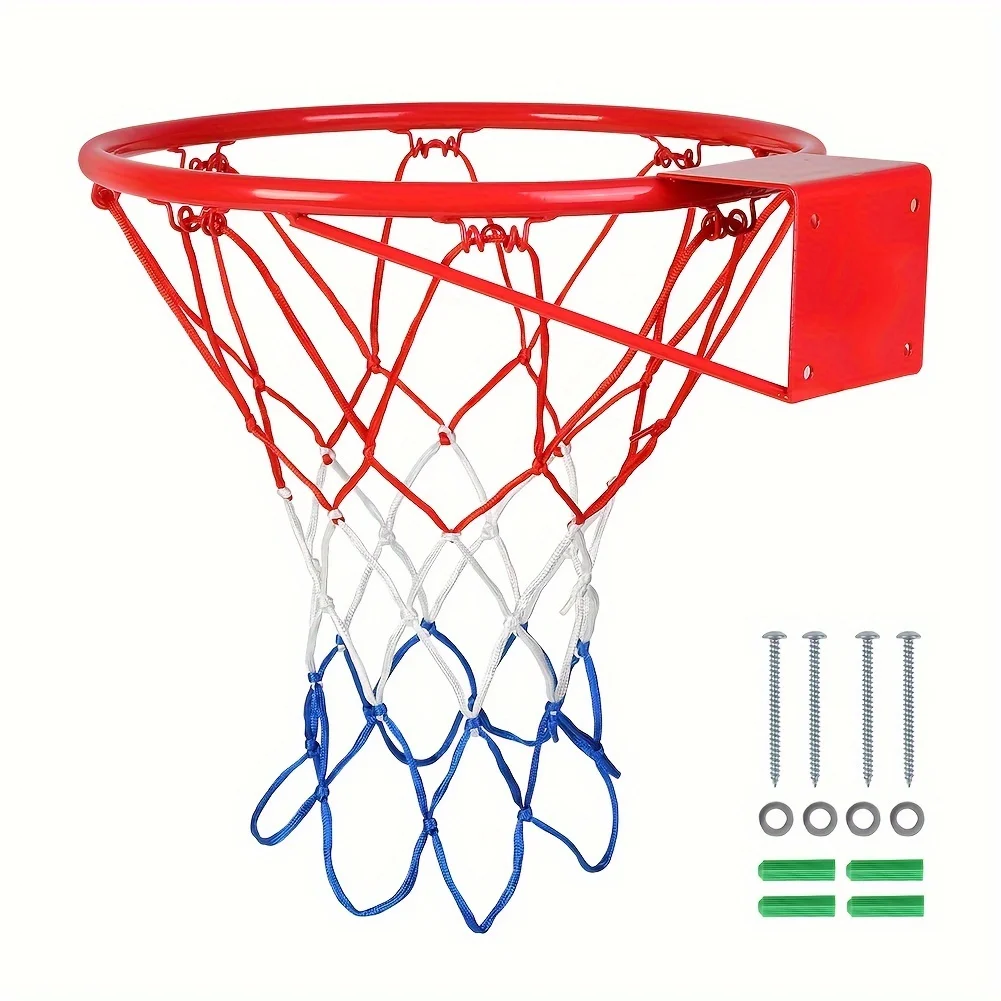 

1pc Professional Heavy-Duty Red Basketball Hoop With Net And Mounting Hardware, 18-inch Rim Diameter, Outdoor Indoor Game Play,