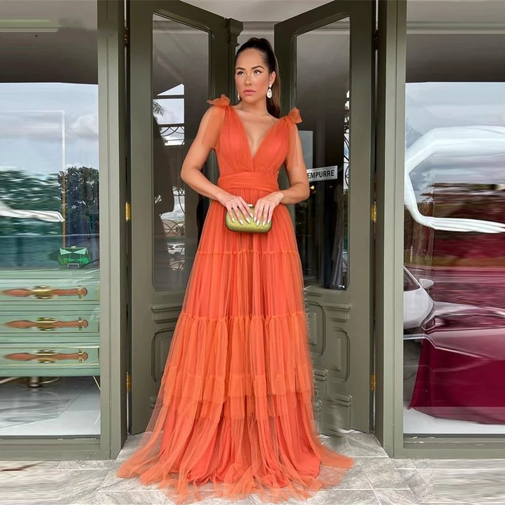 

Katerina Tulle A Line Orange Prom Dress V Neck Tiered Floor Length Open Back Formal Women Evening Dress Cocktail Party Gown