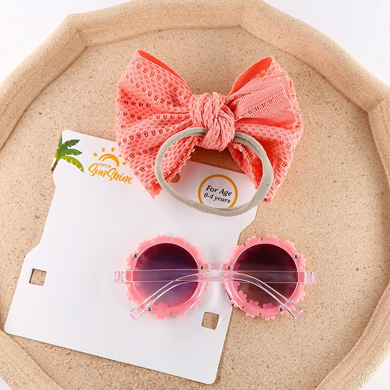 2Pcs/Set Round Flower Sunglasses With Elastic Nylon Baby Headband Bohemia Beach Seaside Sun Glasses Kids Puff Bow Headwear