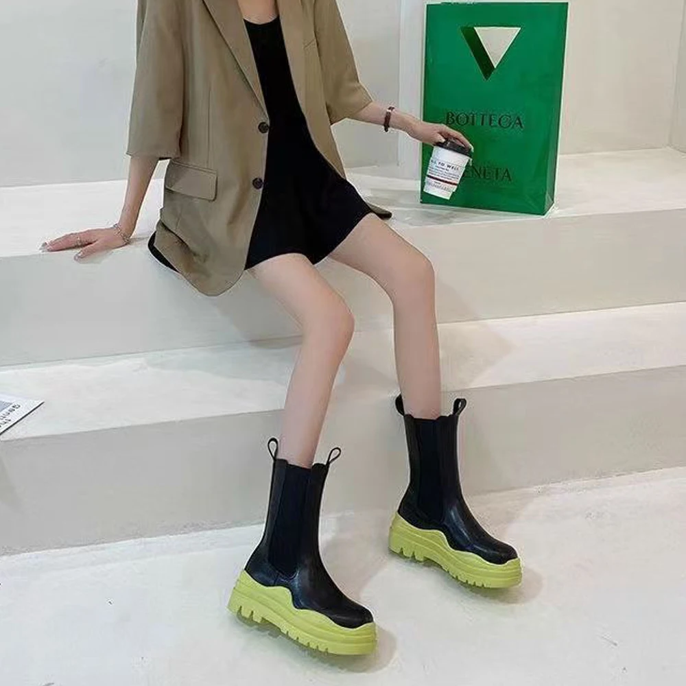 Men's Fashion Rain Boots Platform Women Short Boots Slip on Cool Leather  Motorcycle Boots Round Toe Male Mid-calf Chelsea Boots