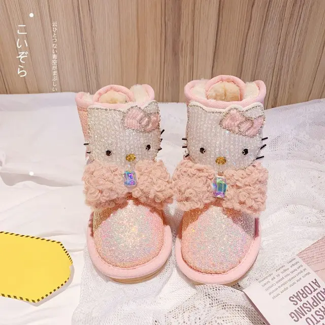 Sanrios Child Short Boots Hello Kittys Winter New Rhinestones Bow Tie Girl Fashion Velvet Keep Warm Soft Bottom Cotton Shoes 1