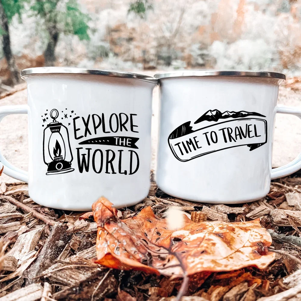 

Explore The World Camping Enamel Coffee Mugs Coffee Cups Drinks Water Cup Bonfire Party Beer Drink Mug Hand Drawn Adventure