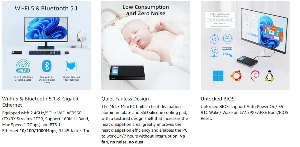 MeLE ファンレス ミニ PC Quieter3C N5105 16GB 512GB、マイクロ