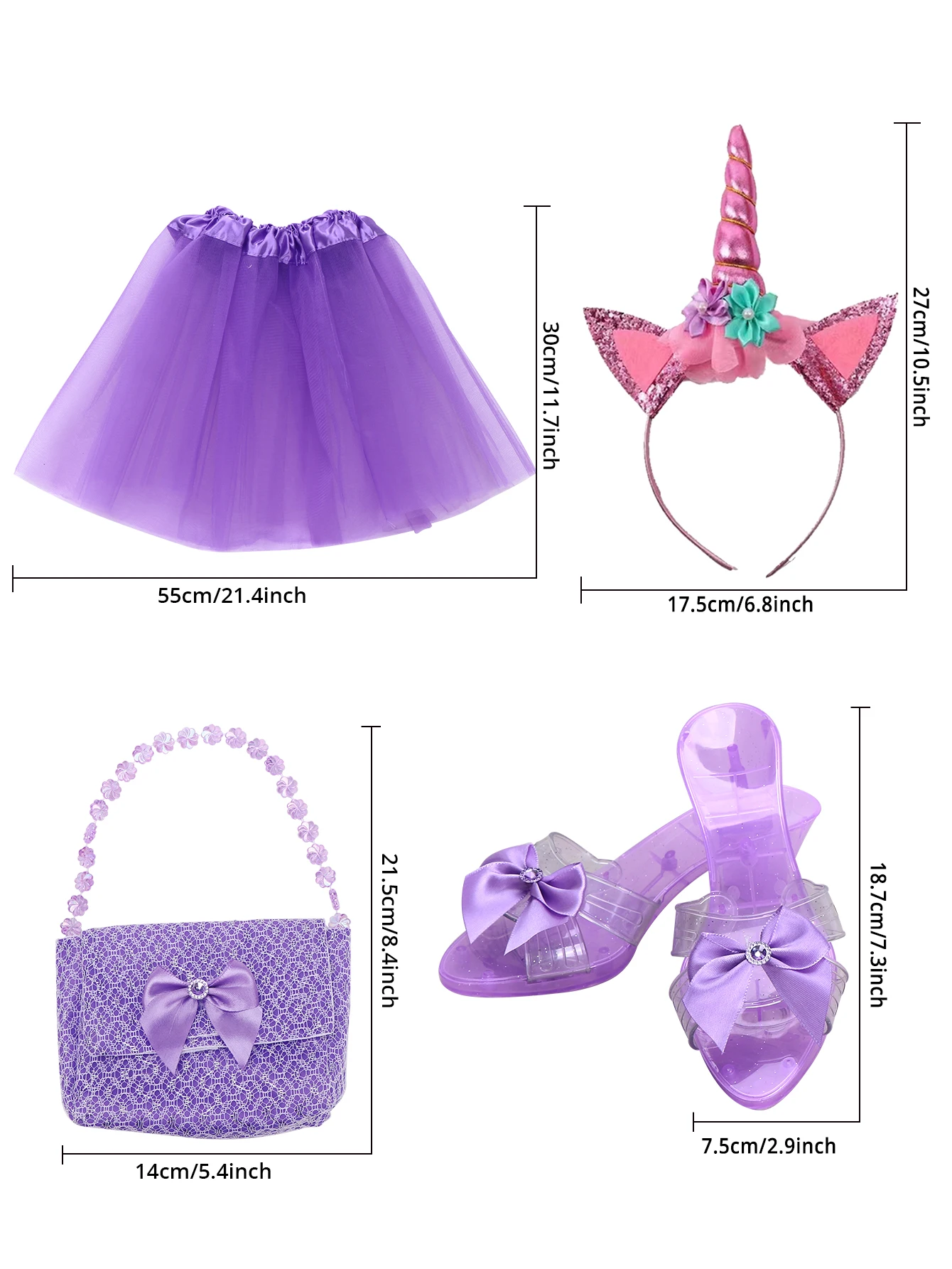 Princess Play Home Dress Up Set, Princess chiffon skirt, handbag, high heels, unicorn headband accessory set, 4PCS 6