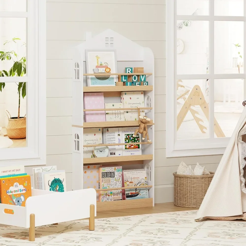 Kids Bookshelf Wall Mounted, 4-Tier Book Shelf Organizer, Tall Wooden Children's Bookcase, Storage Book Rack for Kids Room
