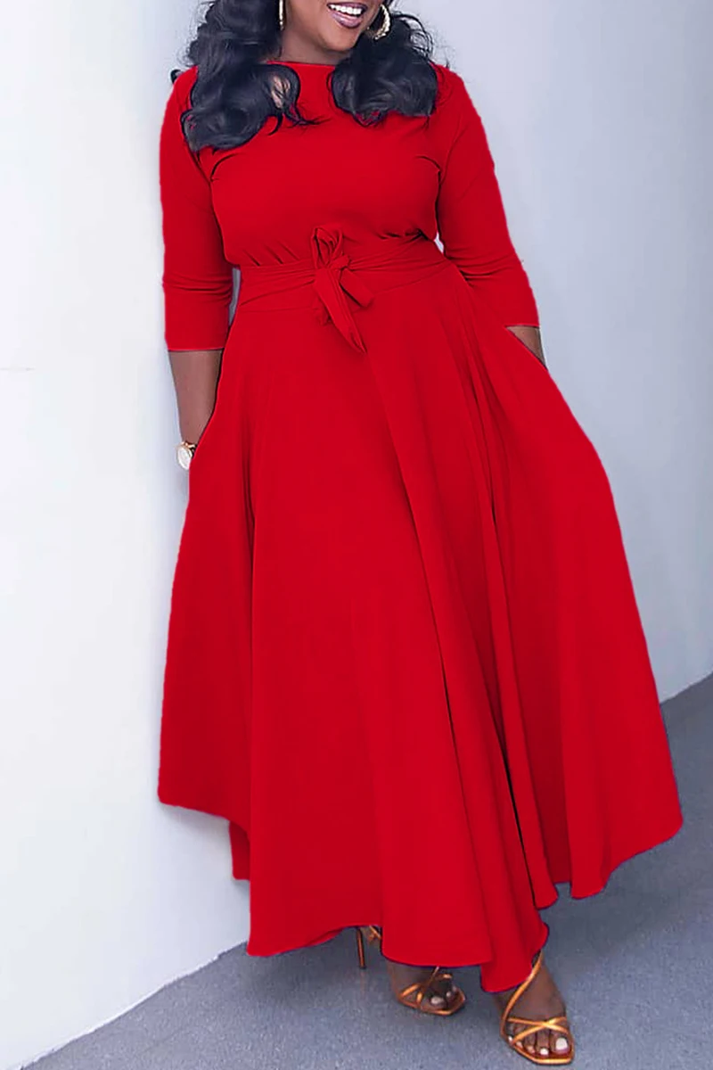 Plus Size Women Christmas Dress Red Fall Winter Round Neck With Pocket Wrap Elegant Midi Dresses